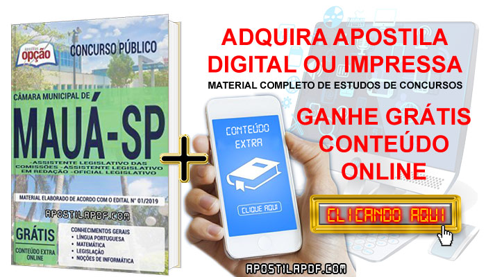 Apostila Concurso Câmara de Mauá 2019 PDF e Impressa Assistente Legislativo e Oficial Legislativo Conteúdo Online Grátis