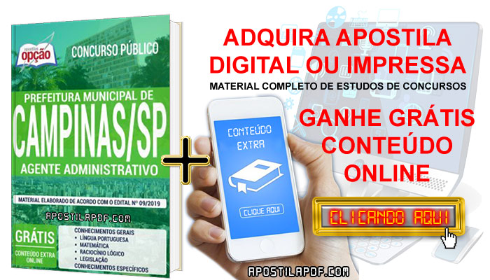 Apostila Concurso Prefeitura de Campinas 2019 PDF e Impressa Agente Administrativo Conteúdo Online Grátis
