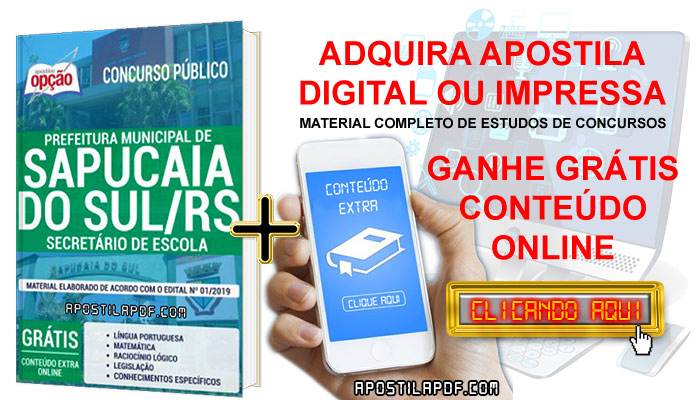 Apostila Concurso Prefeitura de Sapucaia do Sul 2019 PDF e Impressa Secretário de Escola Conteúdo Online Grátis