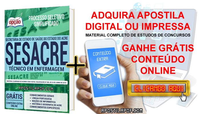 Apostila Concurso SESACRE 2019 PDF e Impressa Técnico em Enfermagem Conteúdo Online Grátis