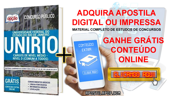 Apostila Concurso UNIRIO 2019 PDF e Impressa Cargos de Nível Médio Conteúdo Online Grátis